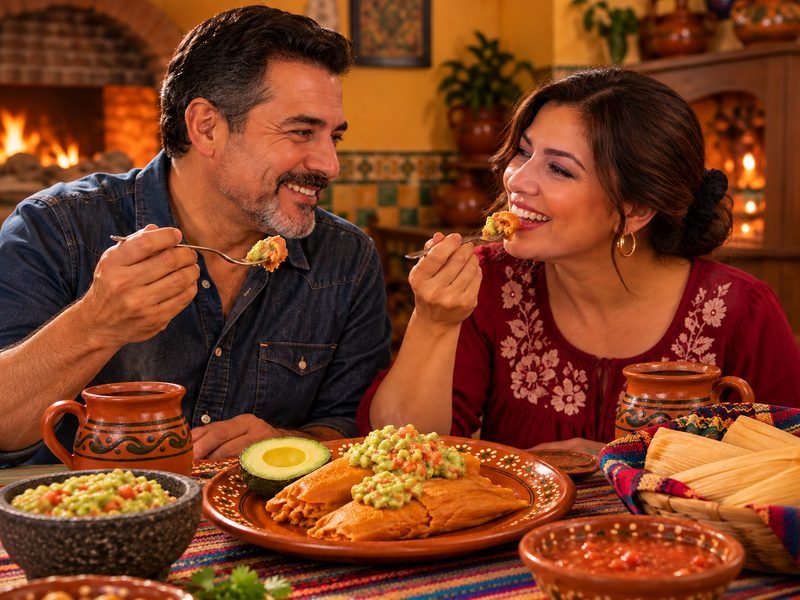 6 TAMALITOS - Pareja compartiendo tamales en cocina mexicana